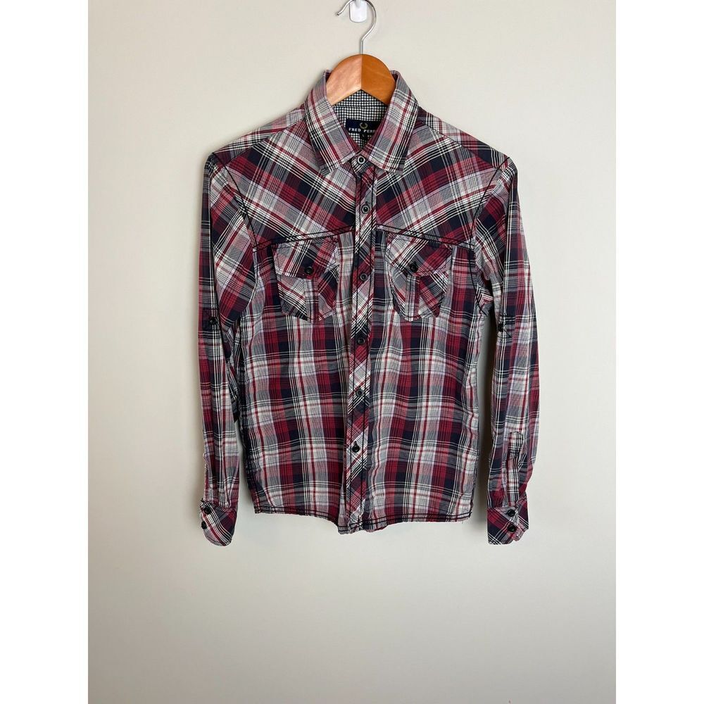 Fred Perry Red Black Plaid Button Down Long Sleeve Collared Shirt Men's L